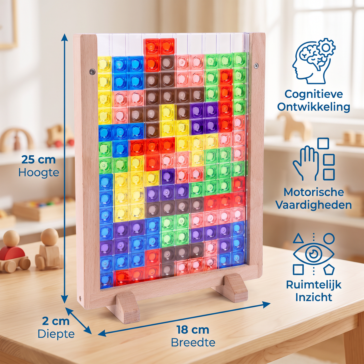 3D Kleurenblokkenpuzzel met Houten Frame – Educatief Montessori-leerspel