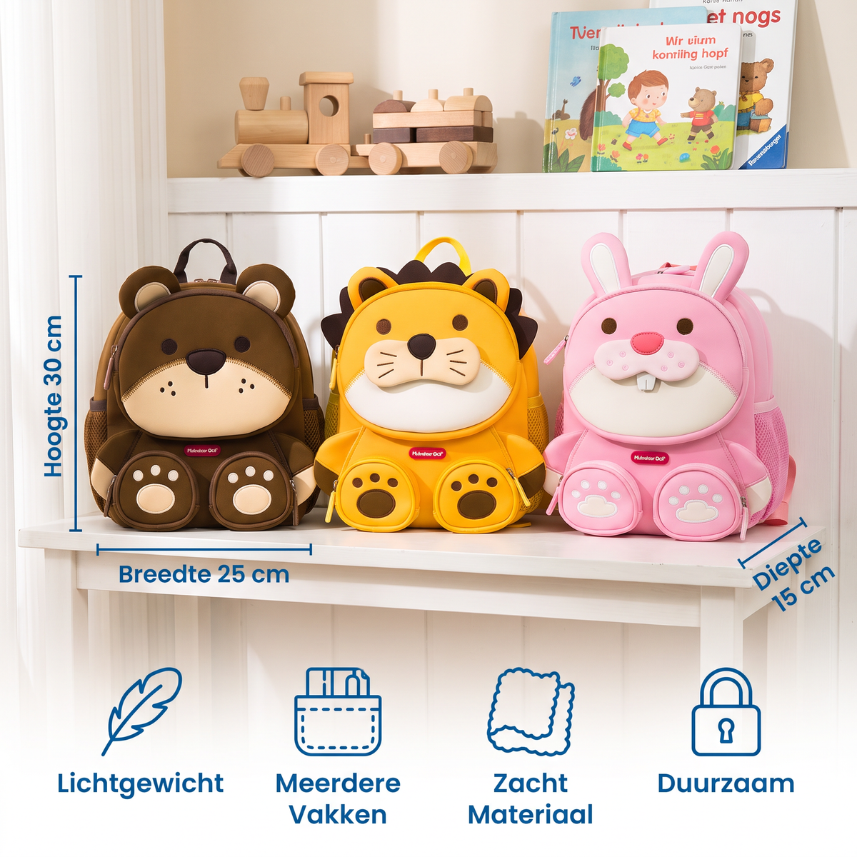 Kinderrugzak met Cartoon-Dierenmotief – Lichte Schoolrugzak met Meerdere Vakken