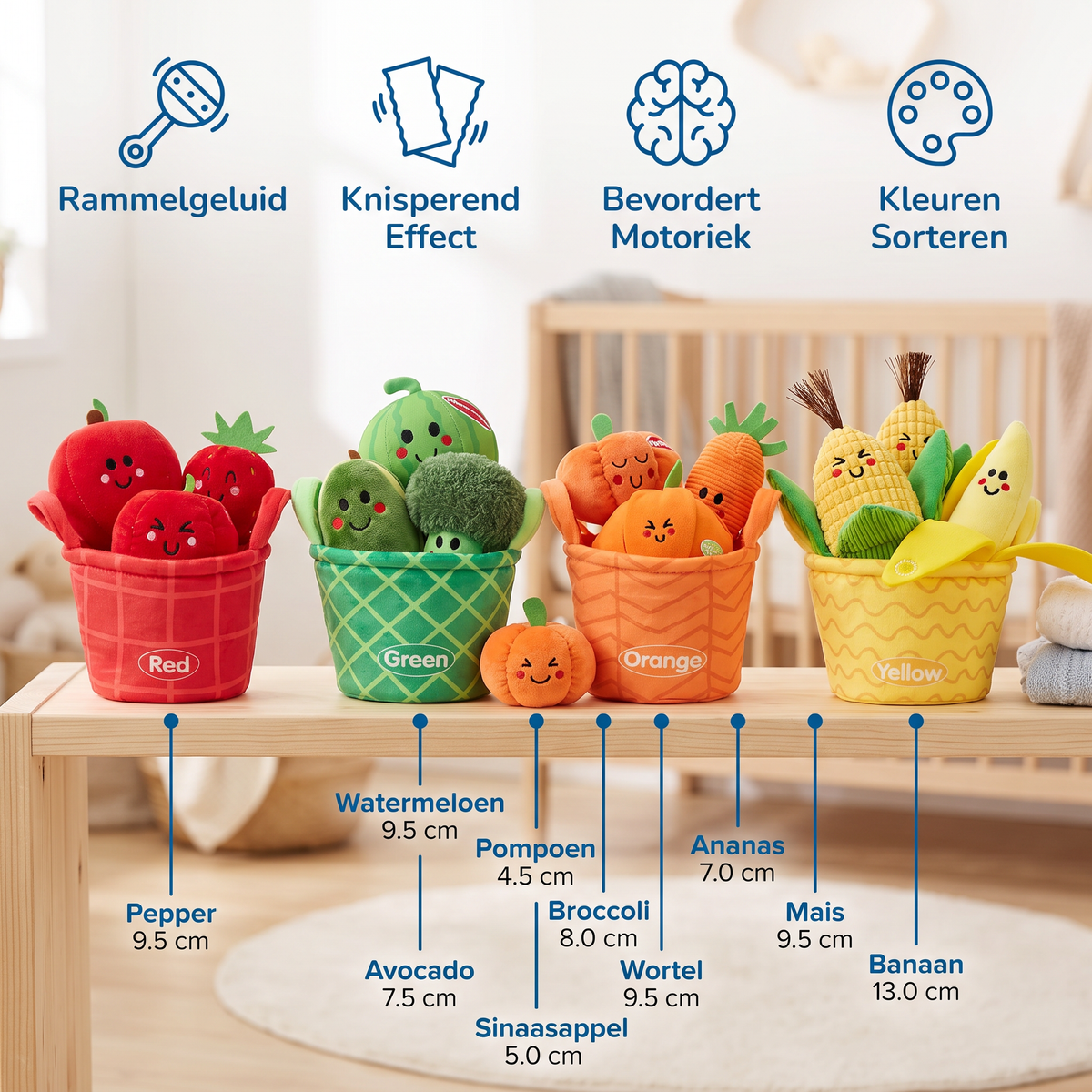 Zacht Fruit- & Groenteleerspel voor Baby's – 4-Delige Kleurensorteerset met Rammelaar en Knispergeluid