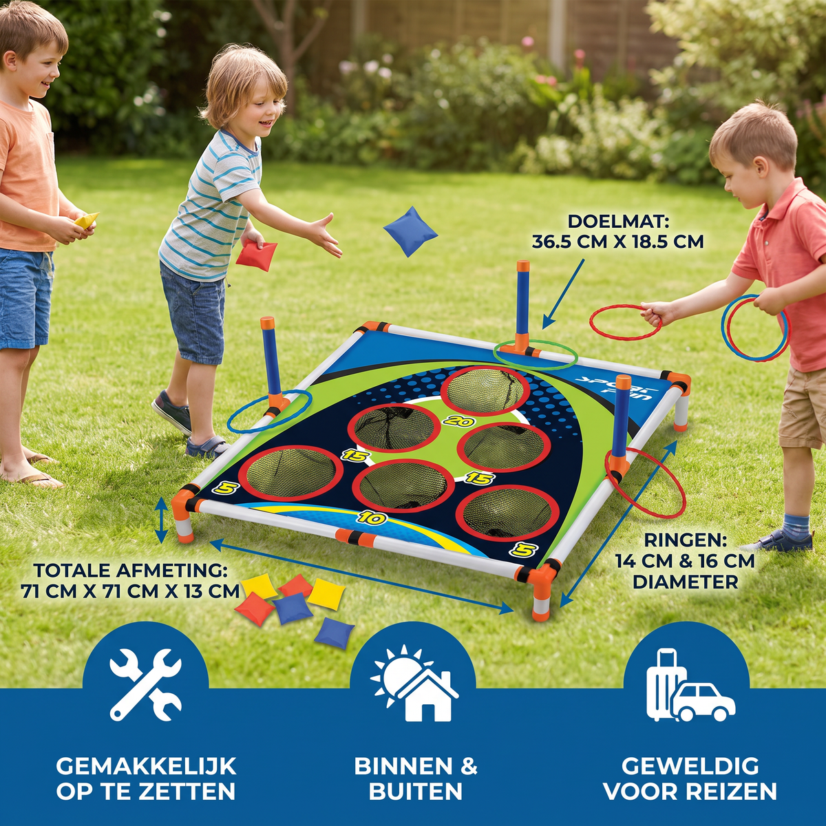 2-in-1 Cornhole- & Ringwerpspel – Eenvoudig Op te Zetten, Perfect voor Tuin & Reizen
