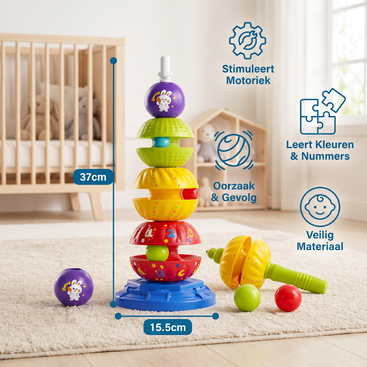 2-in-1 Interactieve Draaiende Stapel- & Ballenvaltoren Met Rammelaar Voor Kinderen