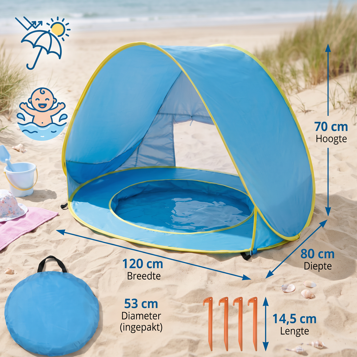 Pop-up babystrandtent met geïntegreerd zwembad & UV-bescherming – Draagbare zonbescherming voor kinderen