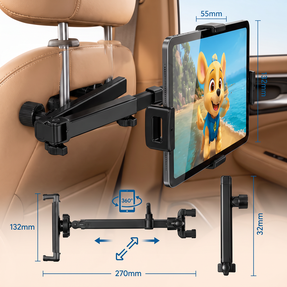 Een 360° Draaibare Tablethouder voor de Hoofdsteun in de Auto – Tablethouder voor de Achterbank