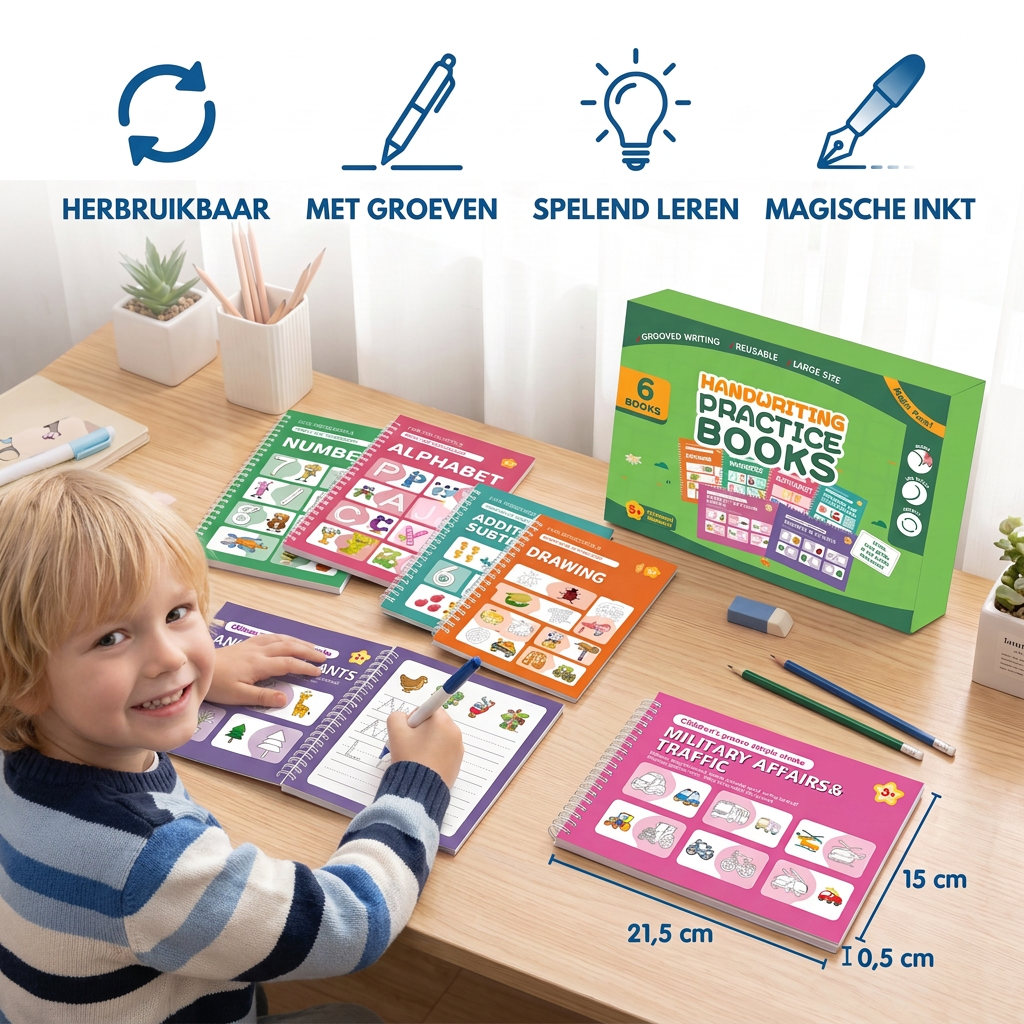 Herbruikbare Schrijfoefenboeken met Groeven voor Kinderen – 6-delige Overtrek- en Schrijfset