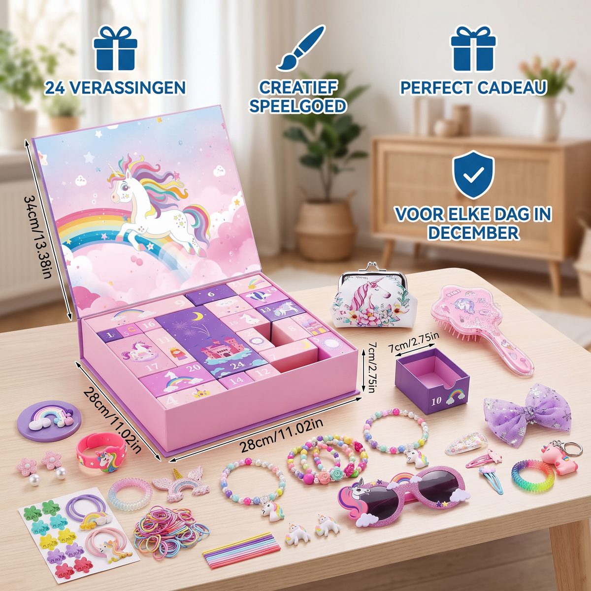 24-daagse Eenhoornadventskalender met Haaraccessoires, Stickers & Verrassingscadeautjes