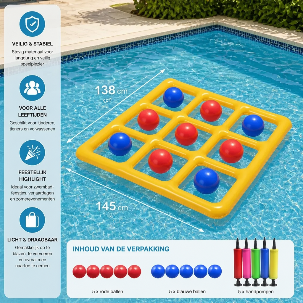 Opblaasbaar Zwembad-Tic-Tac-Toe Spel – Waterspel voor Feestjes met Ballen & Pomp