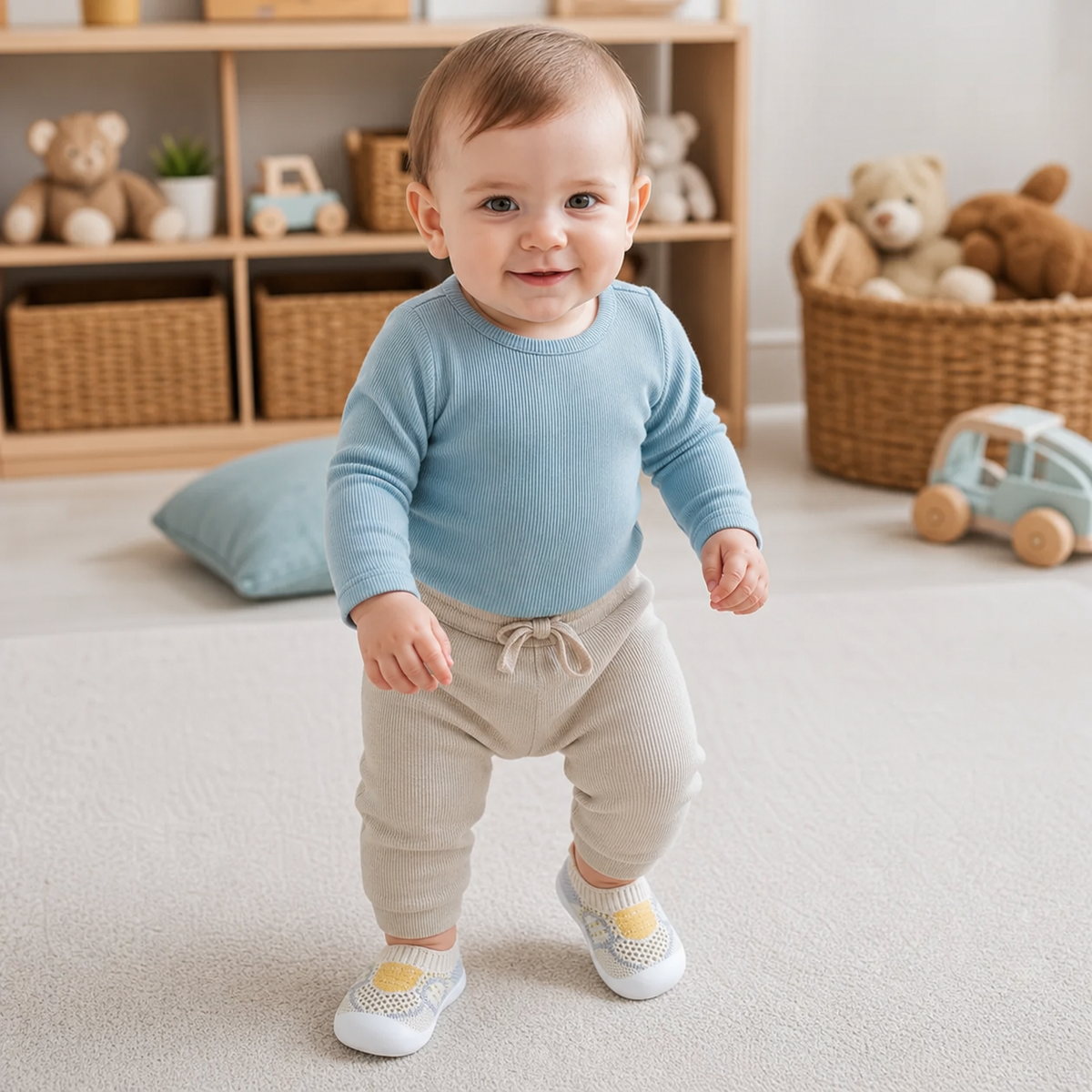 Zachte gebreide antislipschoentjes voor baby's bij de eerste stapjes
