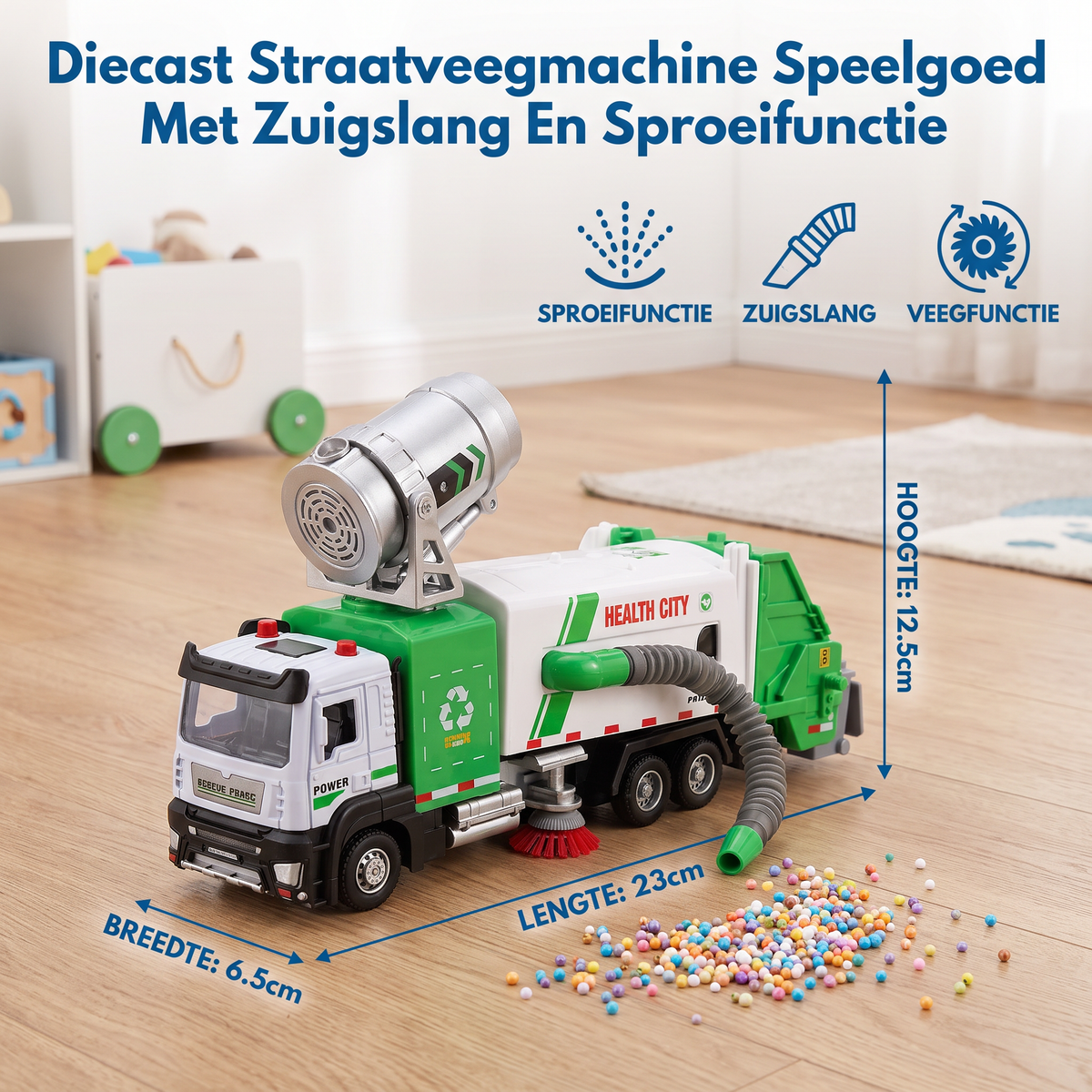 Diecast Straatveegmachine Speelgoed Met Zuigslang En Sproeifunctie