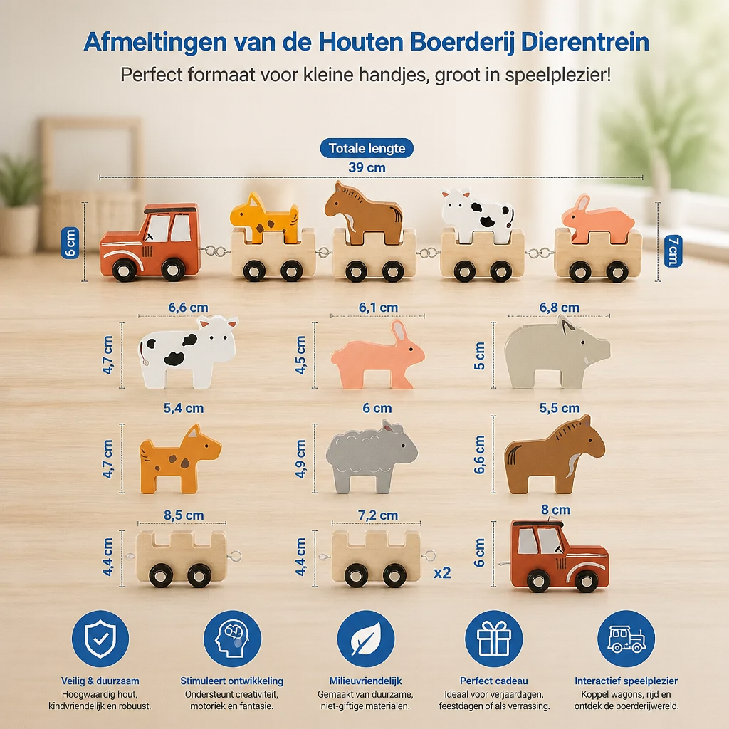 Houten Boerderij Dierentrein – Speelgoed Met Flexibele Wielen Voor Kinderen