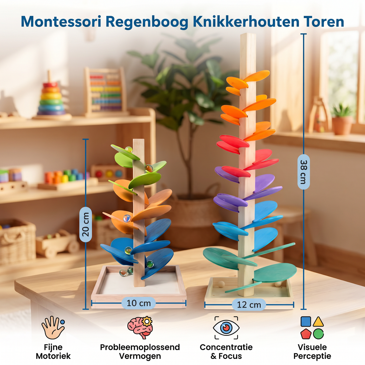 Montessori regenboog knikkerhouten toren
