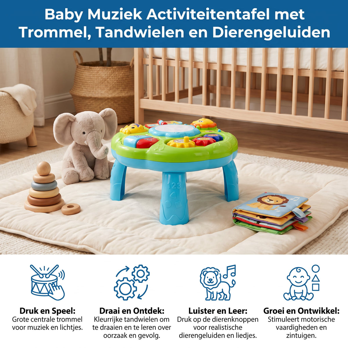 Baby Muziek Activiteitentafel met Trommel, Tandwielen en Dierengeluiden