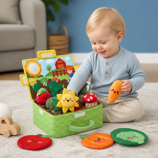 Montessori Tuin Sensorisch Speelgoed Voor Baby's – Pluche Fruit- & Groenteset Met Rammelaar, Spiegel En Piepfunctie