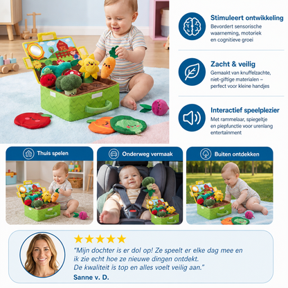 Montessori Tuin Sensorisch Speelgoed Voor Baby's – Pluche Fruit- & Groenteset Met Rammelaar, Spiegel En Piepfunctie