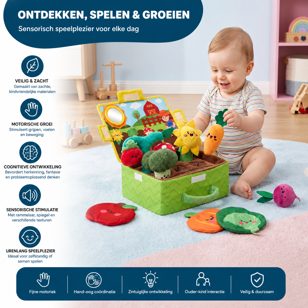 Montessori Tuin Sensorisch Speelgoed Voor Baby's – Pluche Fruit- & Groenteset Met Rammelaar, Spiegel En Piepfunctie