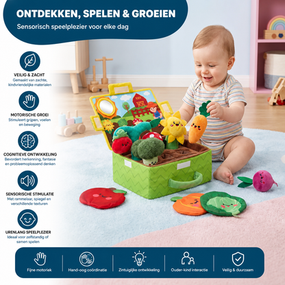 Montessori Tuin Sensorisch Speelgoed Voor Baby's – Pluche Fruit- & Groenteset Met Rammelaar, Spiegel En Piepfunctie