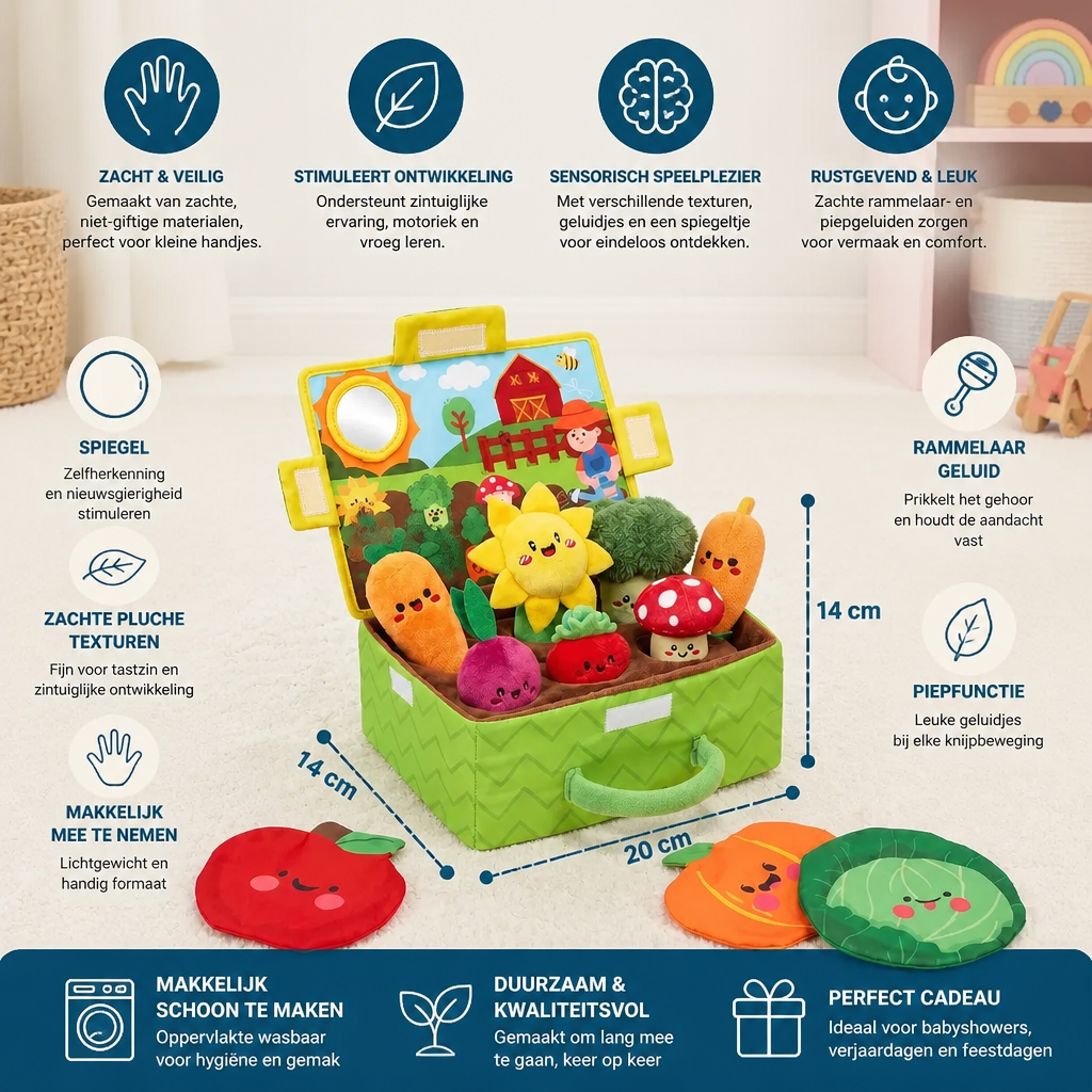 Montessori Tuin Sensorisch Speelgoed Voor Baby's – Pluche Fruit- & Groenteset Met Rammelaar, Spiegel En Piepfunctie
