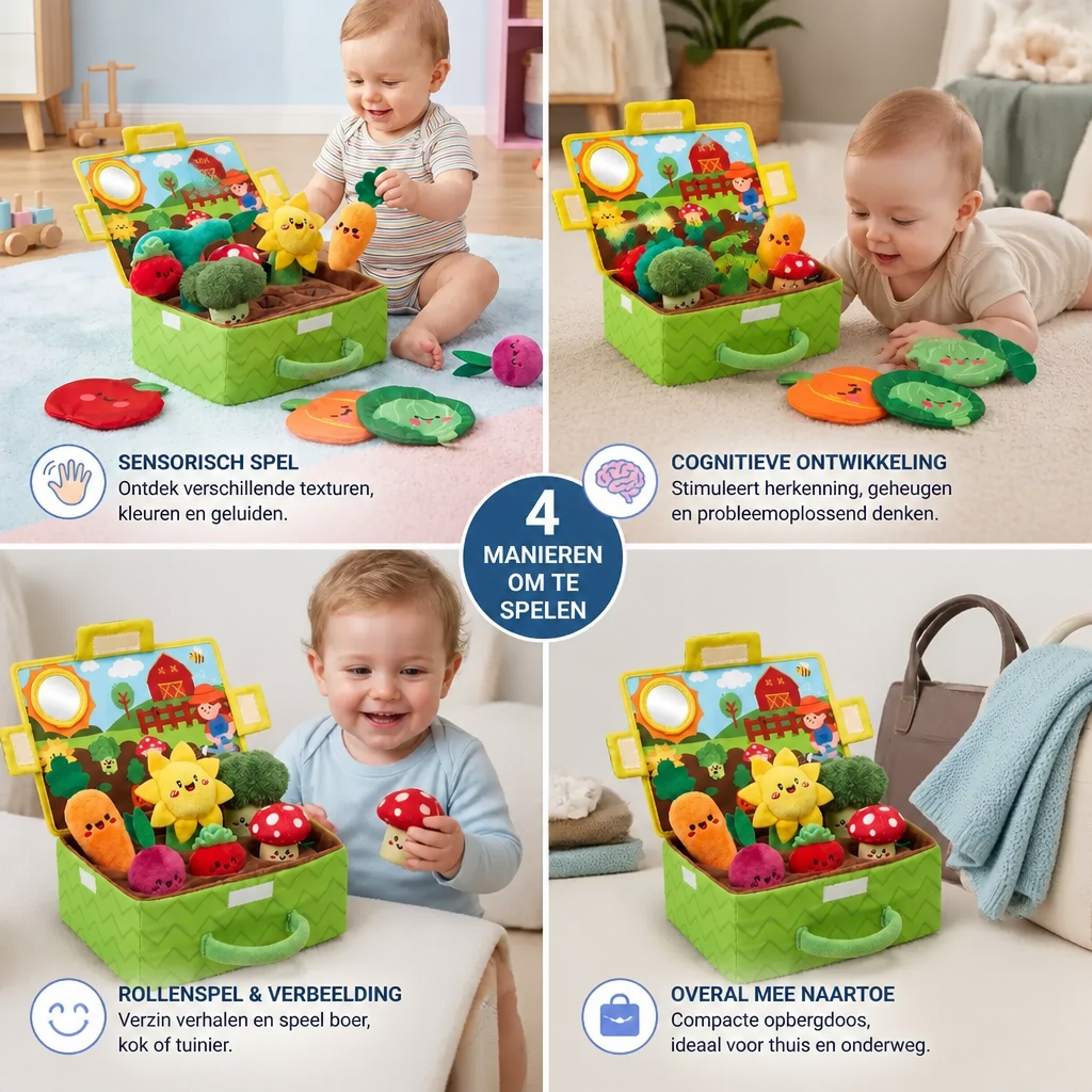 Montessori Tuin Sensorisch Speelgoed Voor Baby's – Pluche Fruit- & Groenteset Met Rammelaar, Spiegel En Piepfunctie