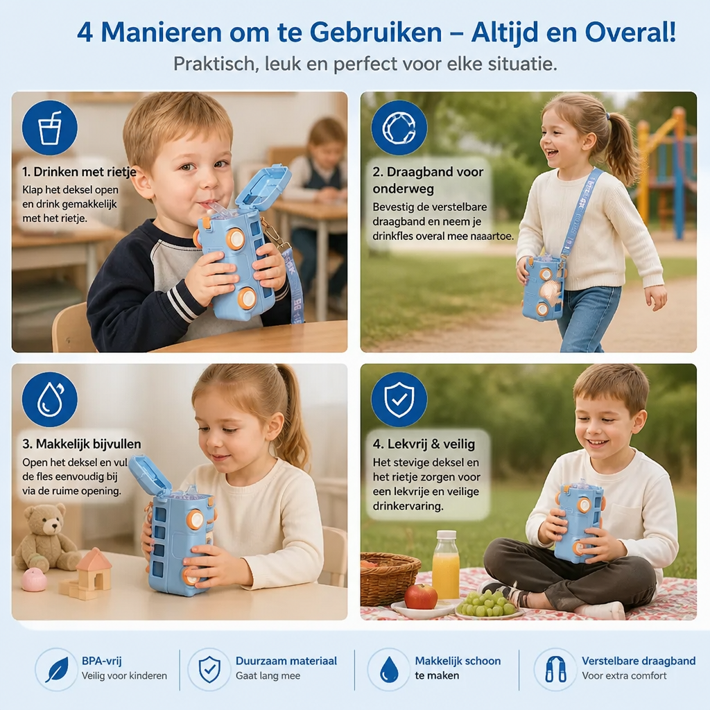 Kinder Drinkfles In Busdesign Met Rietje En Verstelbare Draagband