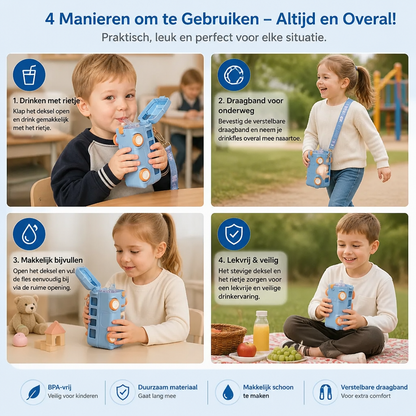 Kinder Drinkfles In Busdesign Met Rietje En Verstelbare Draagband