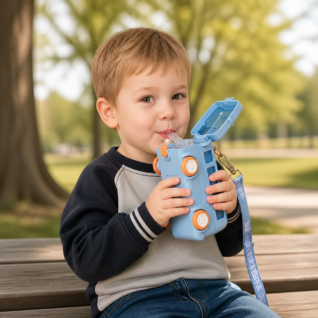 Kinder Drinkfles In Busdesign Met Rietje En Verstelbare Draagband
