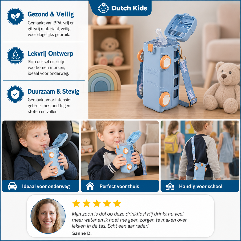 Kinder Drinkfles In Busdesign Met Rietje En Verstelbare Draagband