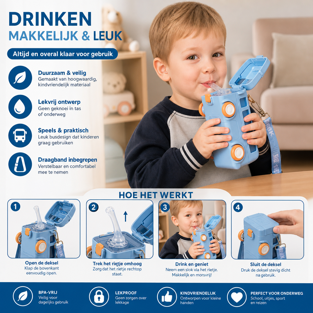 Kinder Drinkfles In Busdesign Met Rietje En Verstelbare Draagband