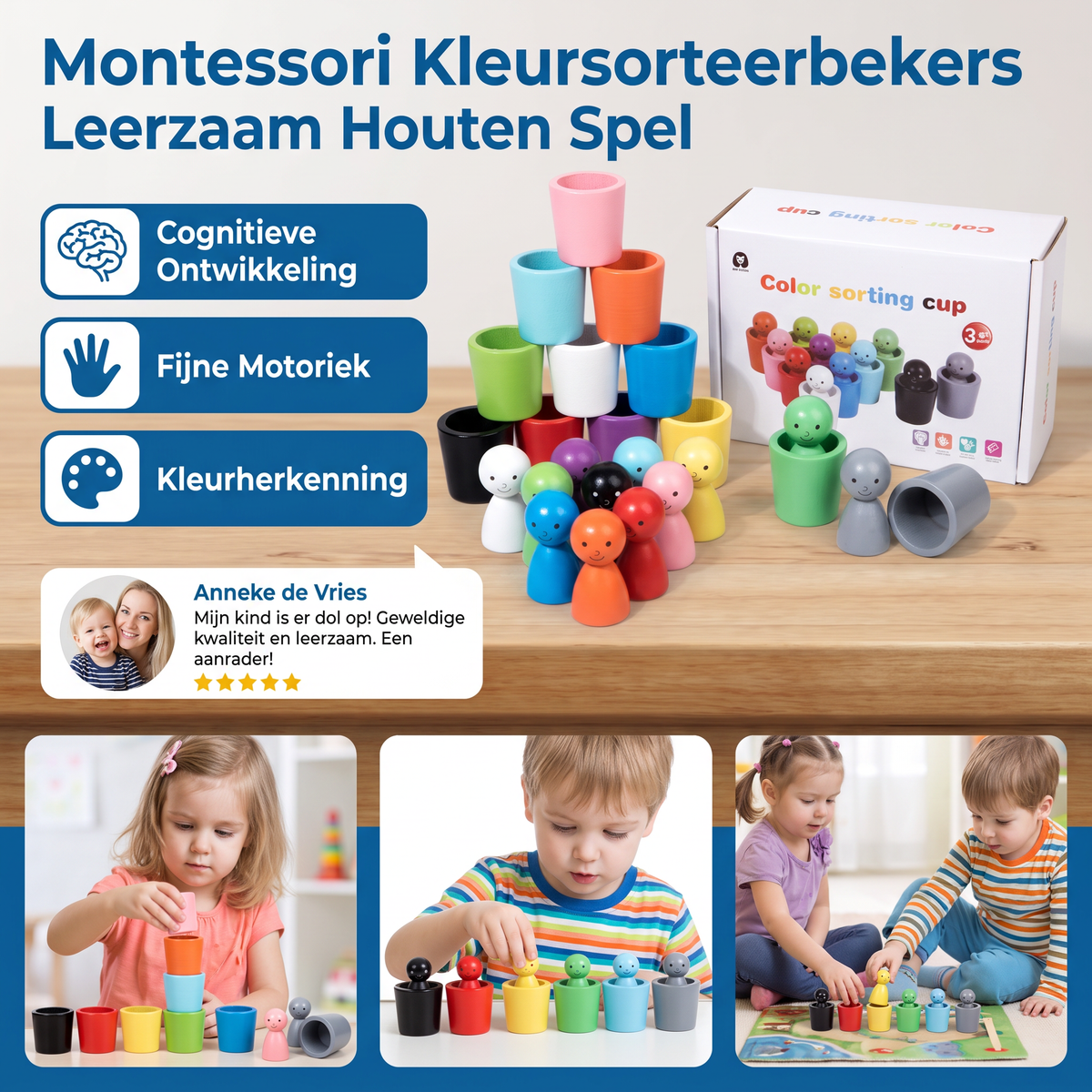 Montessori Kleursorteerbekers Leerzaam Houten Spel