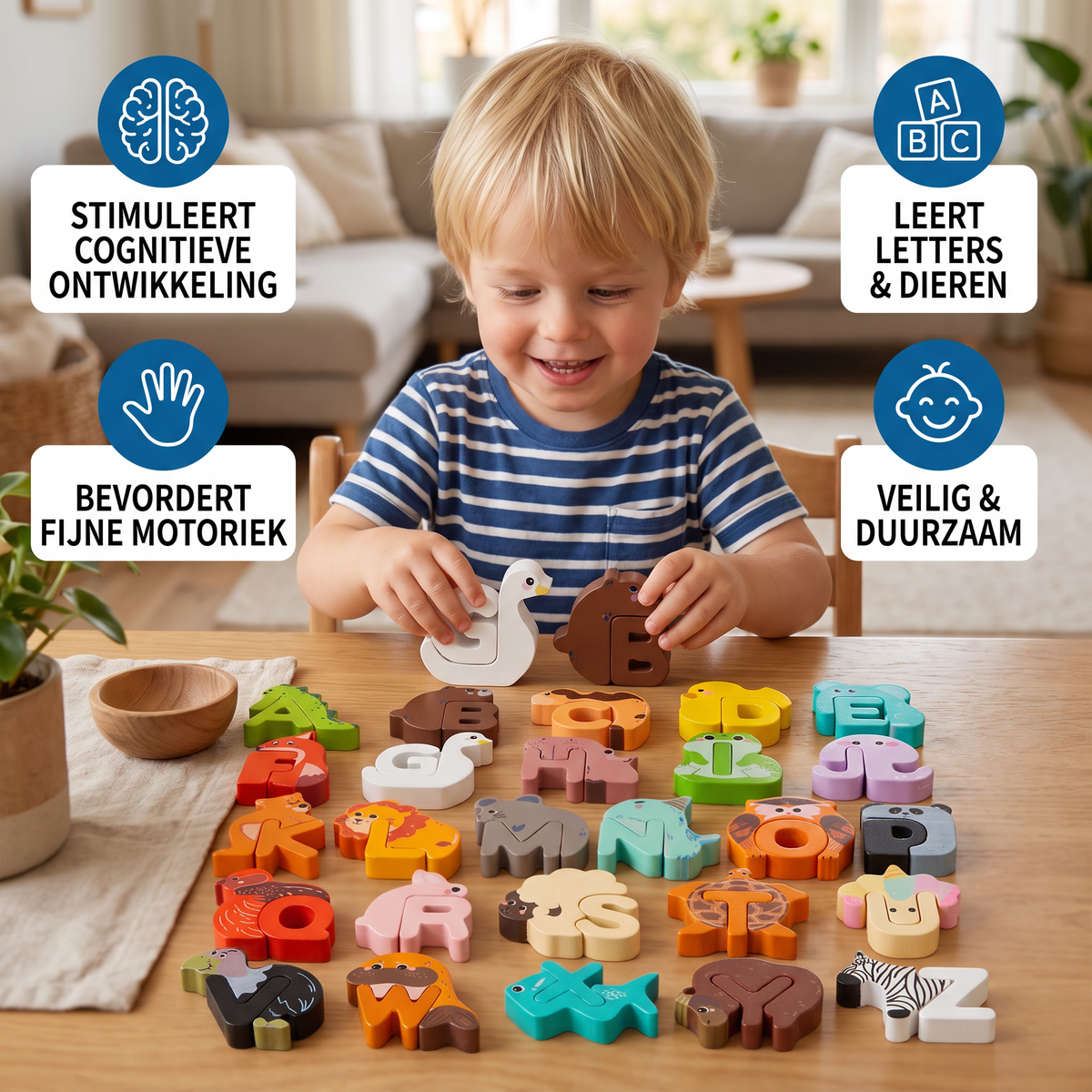 Houten Dierenalfabetpuzzel – A-Z-Leerspeelgoed Voor Kinderen