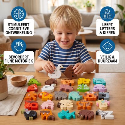 Houten Dierenalfabetpuzzel – A-Z-Leerspeelgoed Voor Kinderen