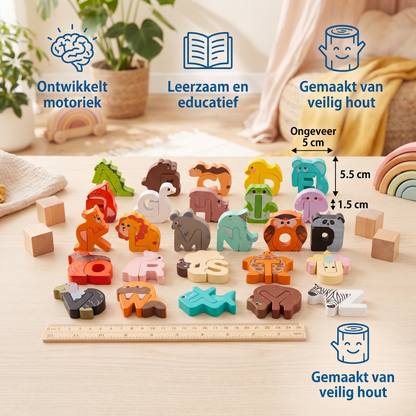 Houten Dierenalfabetpuzzel – A-Z-Leerspeelgoed Voor Kinderen