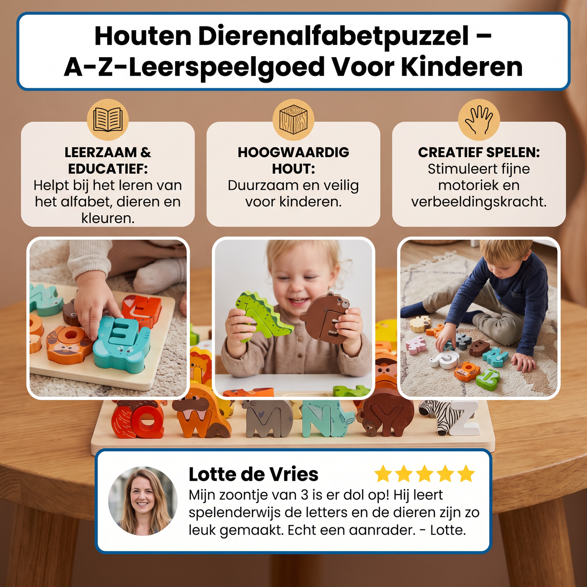 Houten Dierenalfabetpuzzel – A-Z-Leerspeelgoed Voor Kinderen