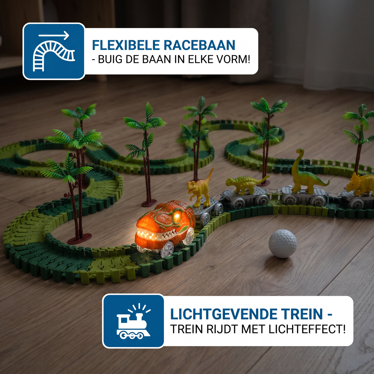 Dinosaurusbaan Avontuur – Flexibele Racebaan met Lichtgevende Trein