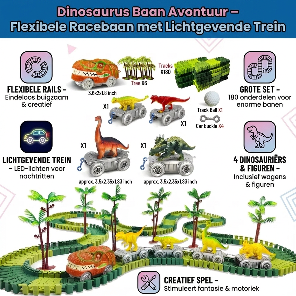 Dinosaurusbaan Avontuur – Flexibele Racebaan met Lichtgevende Trein