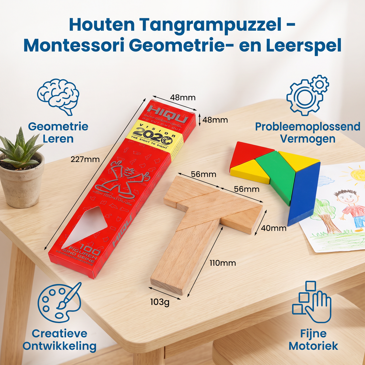 Houten Tangrampuzzel – Montessori Geometrie- en Leerspel voor Kinderen