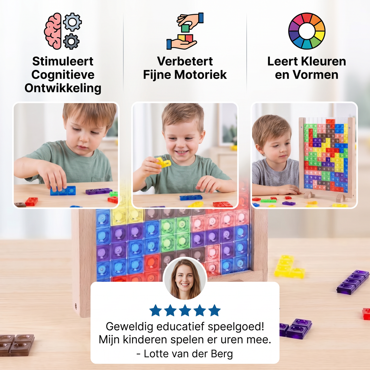 3D Kleurenblokkenpuzzel met Houten Frame – Educatief Montessori-leerspel