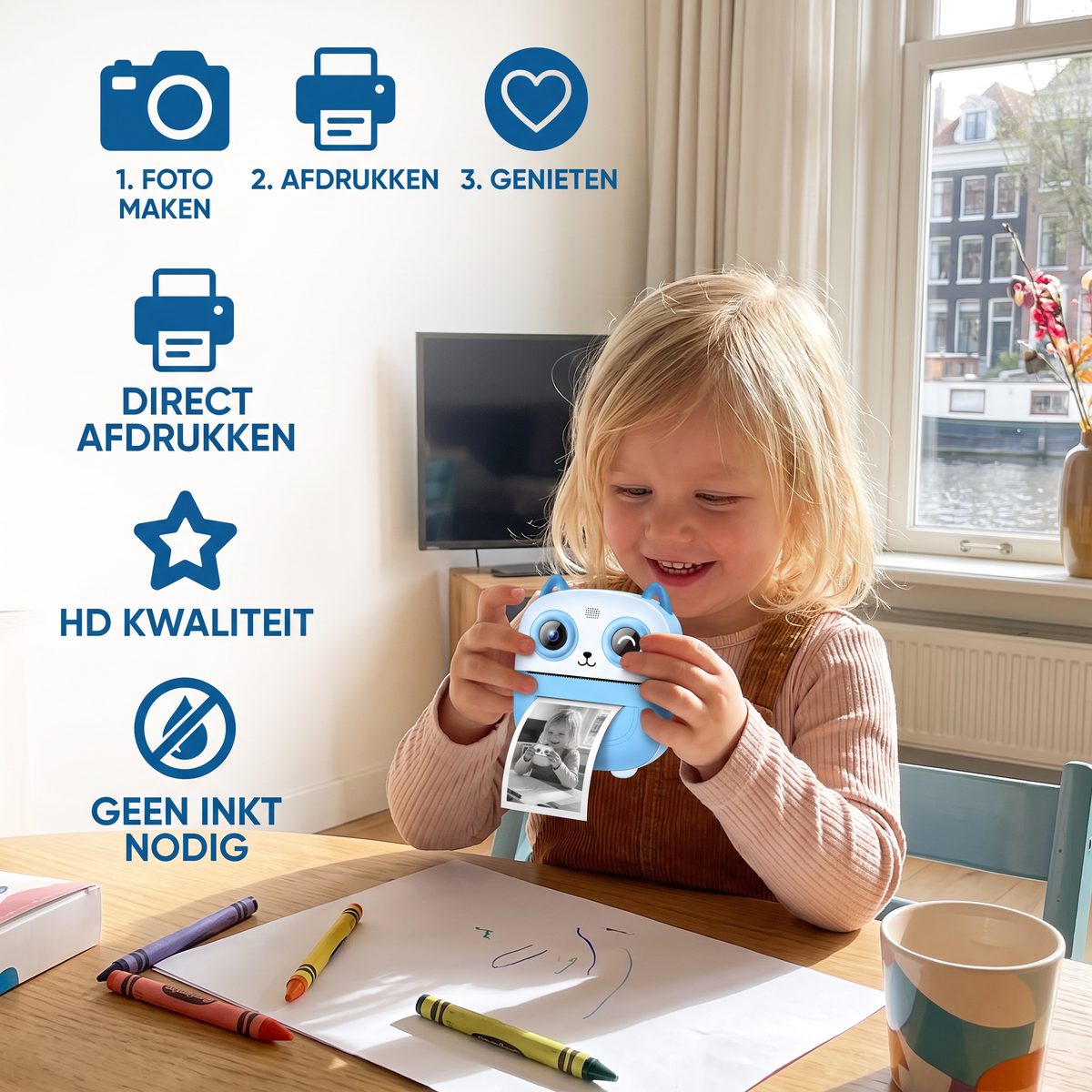 Directprintcamera voor Kinderen – Mini Digitale Camera met HD-Foto's & Geïntegreerde Printer