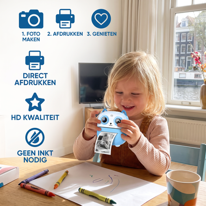 Directprintcamera voor Kinderen – Mini Digitale Camera met HD-Foto's & Geïntegreerde Printer