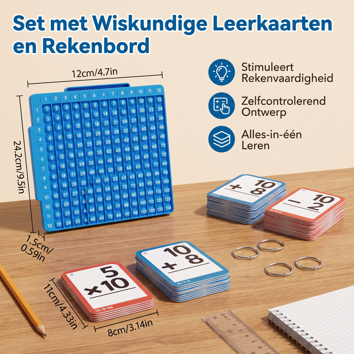 Set met Wiskundige Leerkaarten en Rekenbord – Optellen, Aftrekken, Vermenigvuldigen & Delen