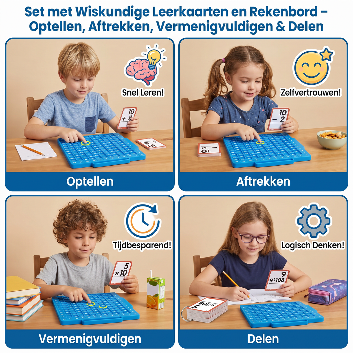 Set met Wiskundige Leerkaarten en Rekenbord – Optellen, Aftrekken, Vermenigvuldigen & Delen