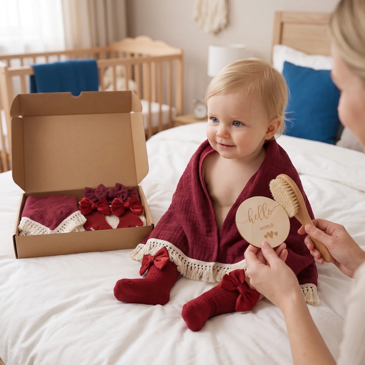 Baby Verzorgingscadeaubox – Handdoek, Sokken of Haarband & Badborstel voor Pasgeborenen