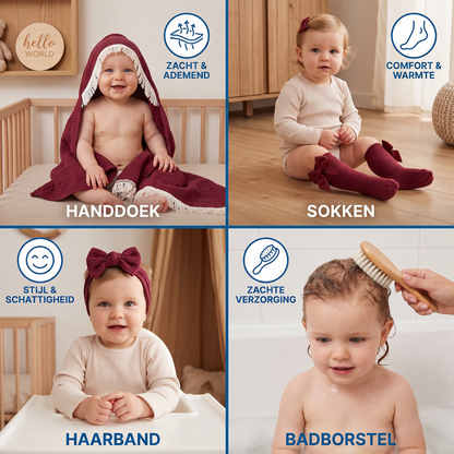 Baby Verzorgingscadeaubox – Handdoek, Sokken of Haarband & Badborstel voor Pasgeborenen