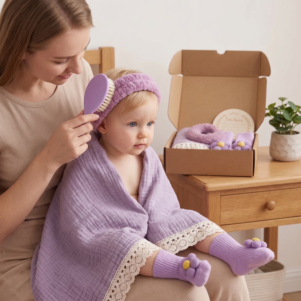 Baby Verzorgingscadeaubox – Handdoek, Sokken of Haarband & Badborstel voor Pasgeborenen