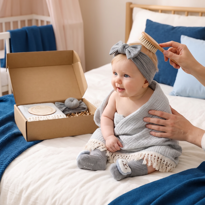 Baby Verzorgingscadeaubox – Handdoek, Sokken of Haarband & Badborstel voor Pasgeborenen
