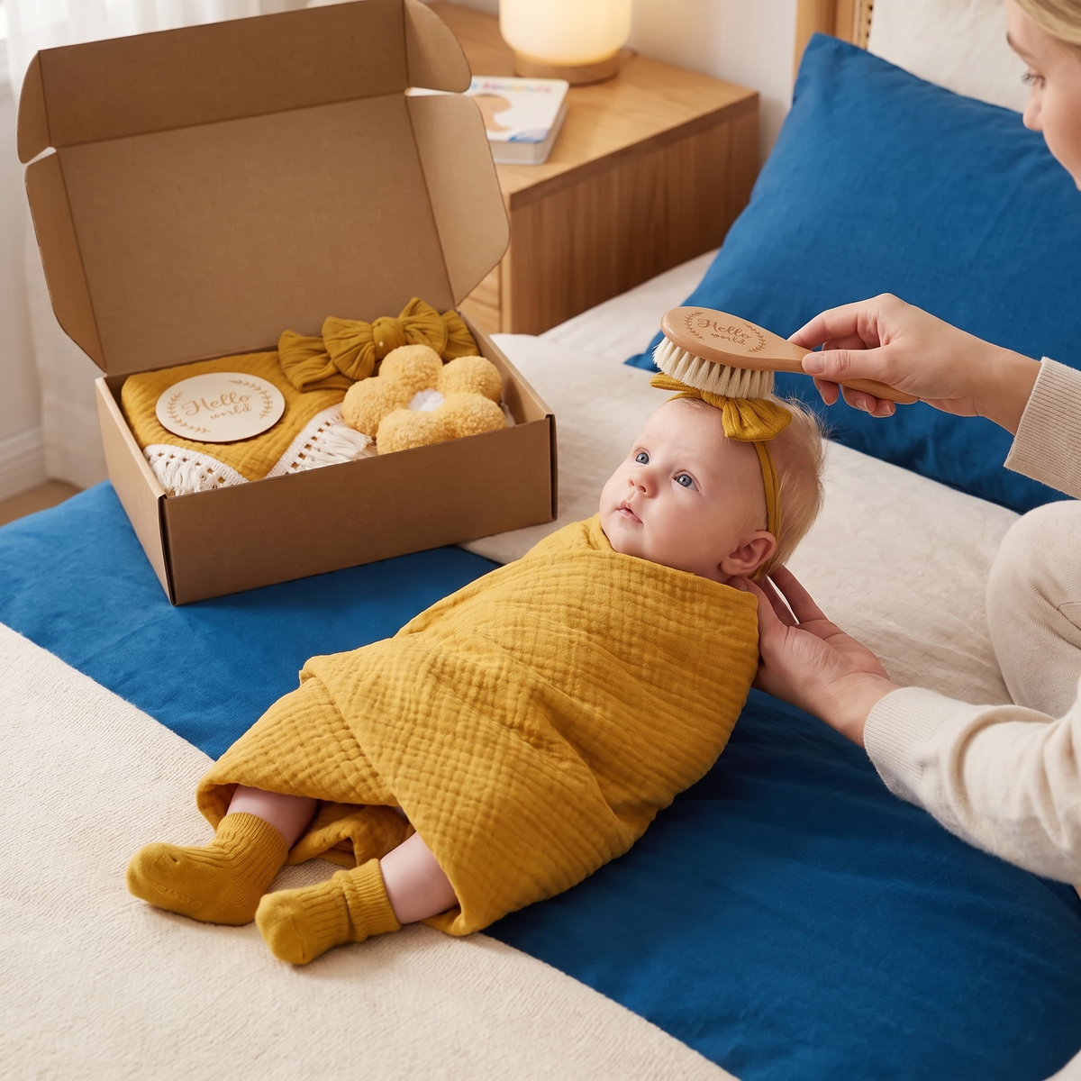 Baby Verzorgingscadeaubox – Handdoek, Sokken of Haarband & Badborstel voor Pasgeborenen