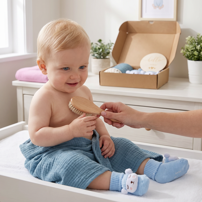 Baby Verzorgingscadeaubox – Handdoek, Sokken of Haarband & Badborstel voor Pasgeborenen