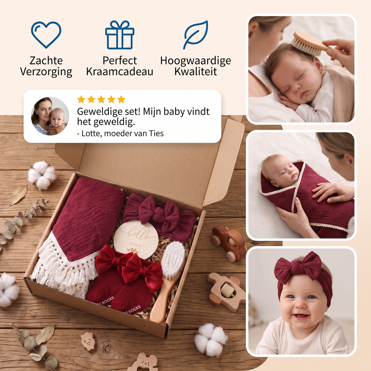 Baby Verzorgingscadeaubox – Handdoek, Sokken of Haarband & Badborstel voor Pasgeborenen
