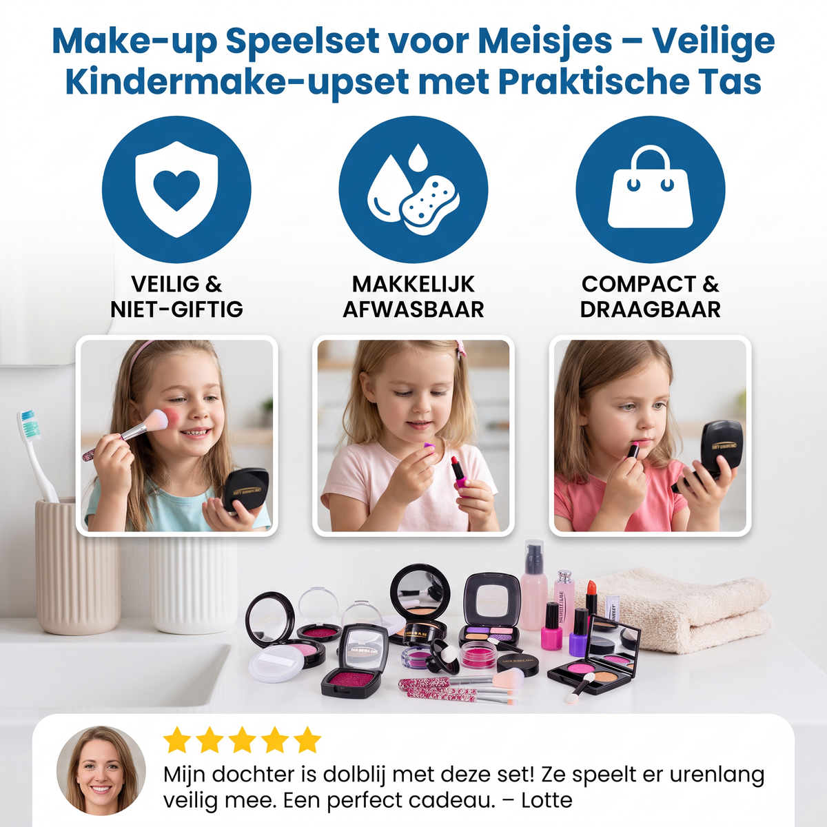 Make-up Speelset voor Meisjes – Veilige Kindermake-upset met Praktische Tas