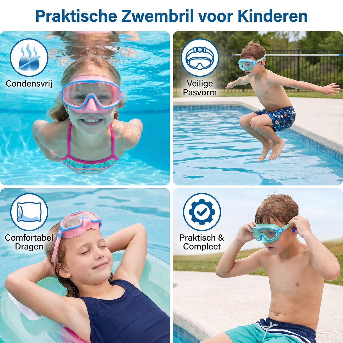 Praktische Zwembril voor Kinderen – Condensvrij, Veilige Pasvorm & Comfortabel Dragen
