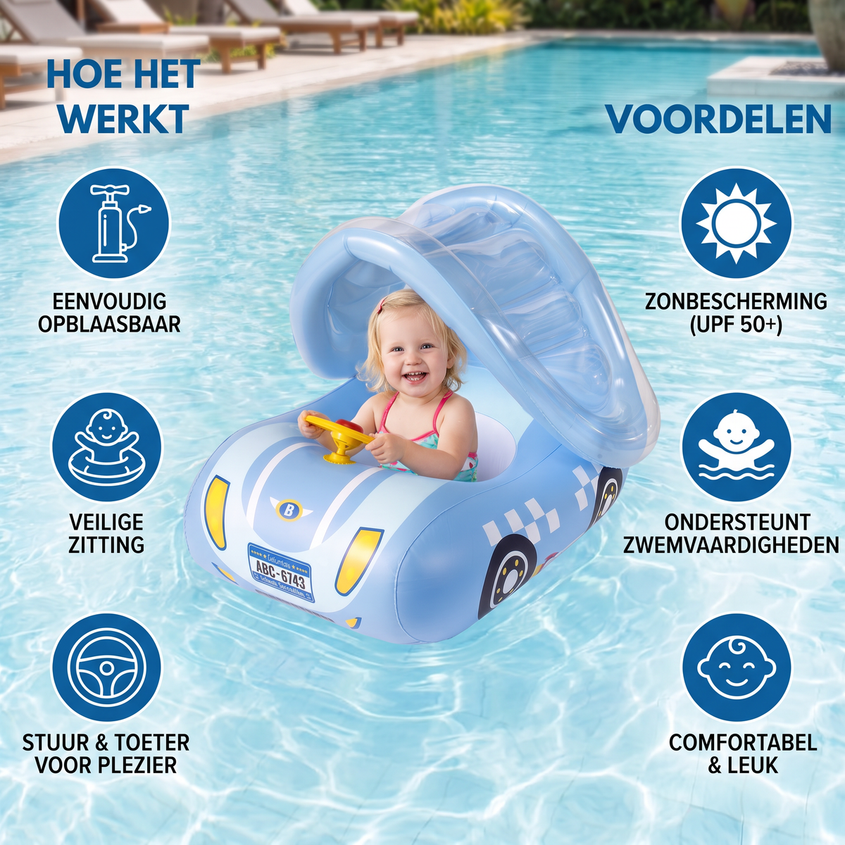 Opblaasbare Babyzwemring in Autovorm met Zonnescherm