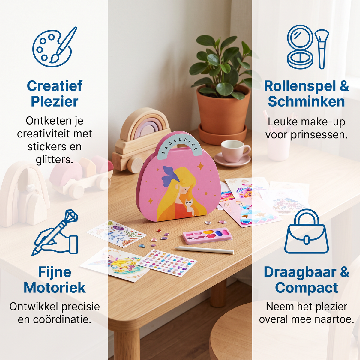 Prinses Diamant Sticker- & Schminkknutselset – Glitter Creatieve Set voor Meisjes
